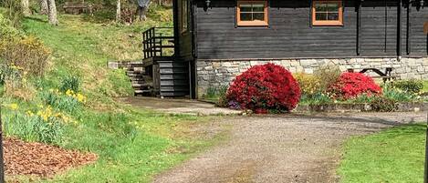 A wooden cabin with a stone foundation, a gravel driveway, and a red flower bush in front.