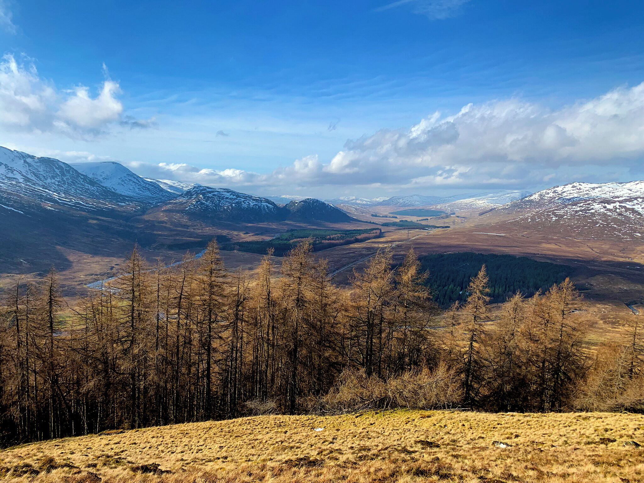 Eine gebirgige Landschaft mit schneebedeckten Gipfeln, einem Tal mit spärlicher Vegetation und einem klaren Himmel.