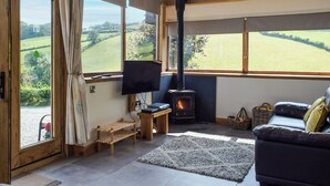 A cozy living room with a fireplace, large windows, a television, and a comfortable sofa.