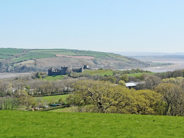 Un château perché sur une colline, avec une rivière en arrière-plan.