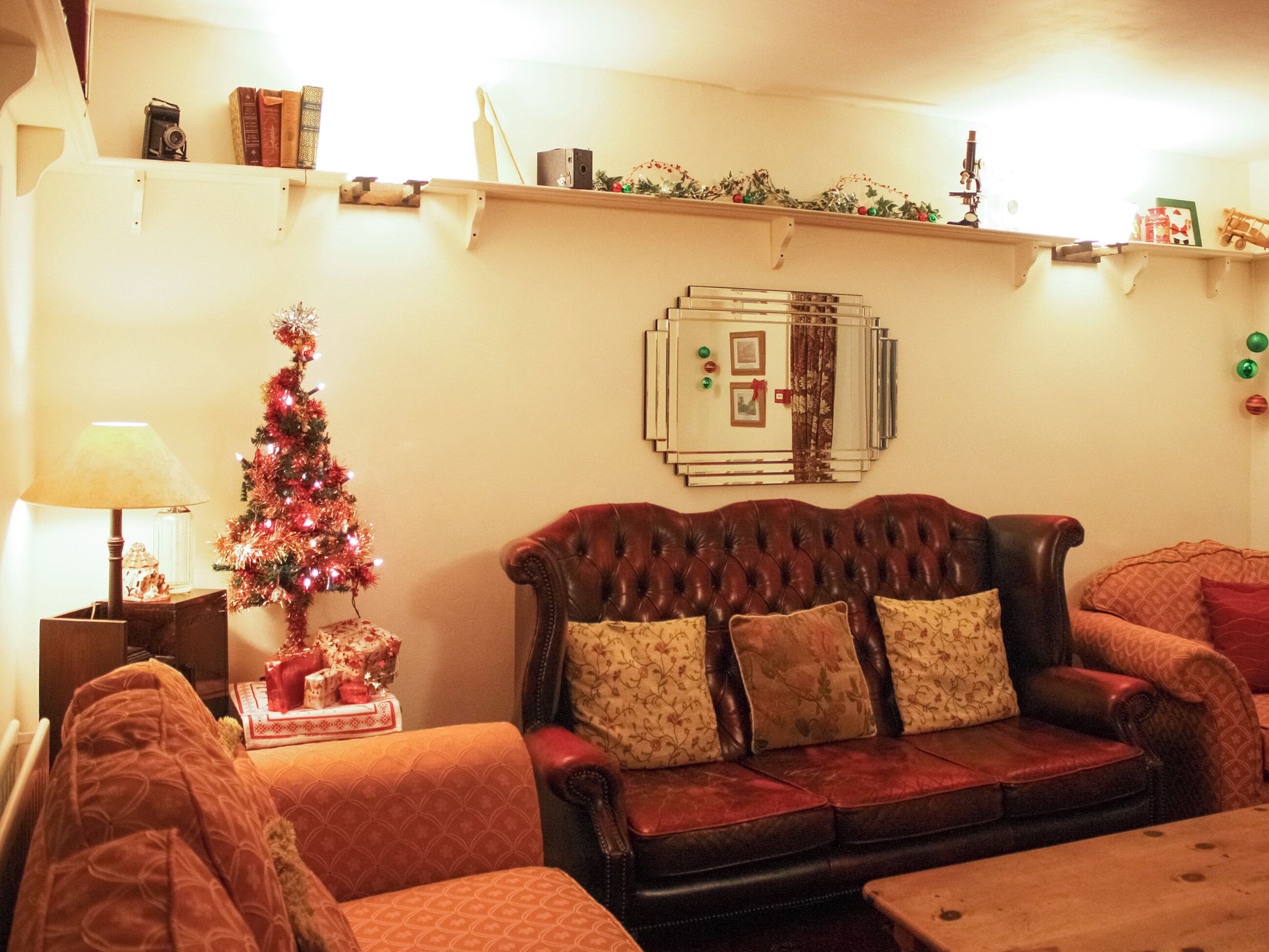 A living room with a leather sofa, a Christmas tree, and a wall-mounted decoration.