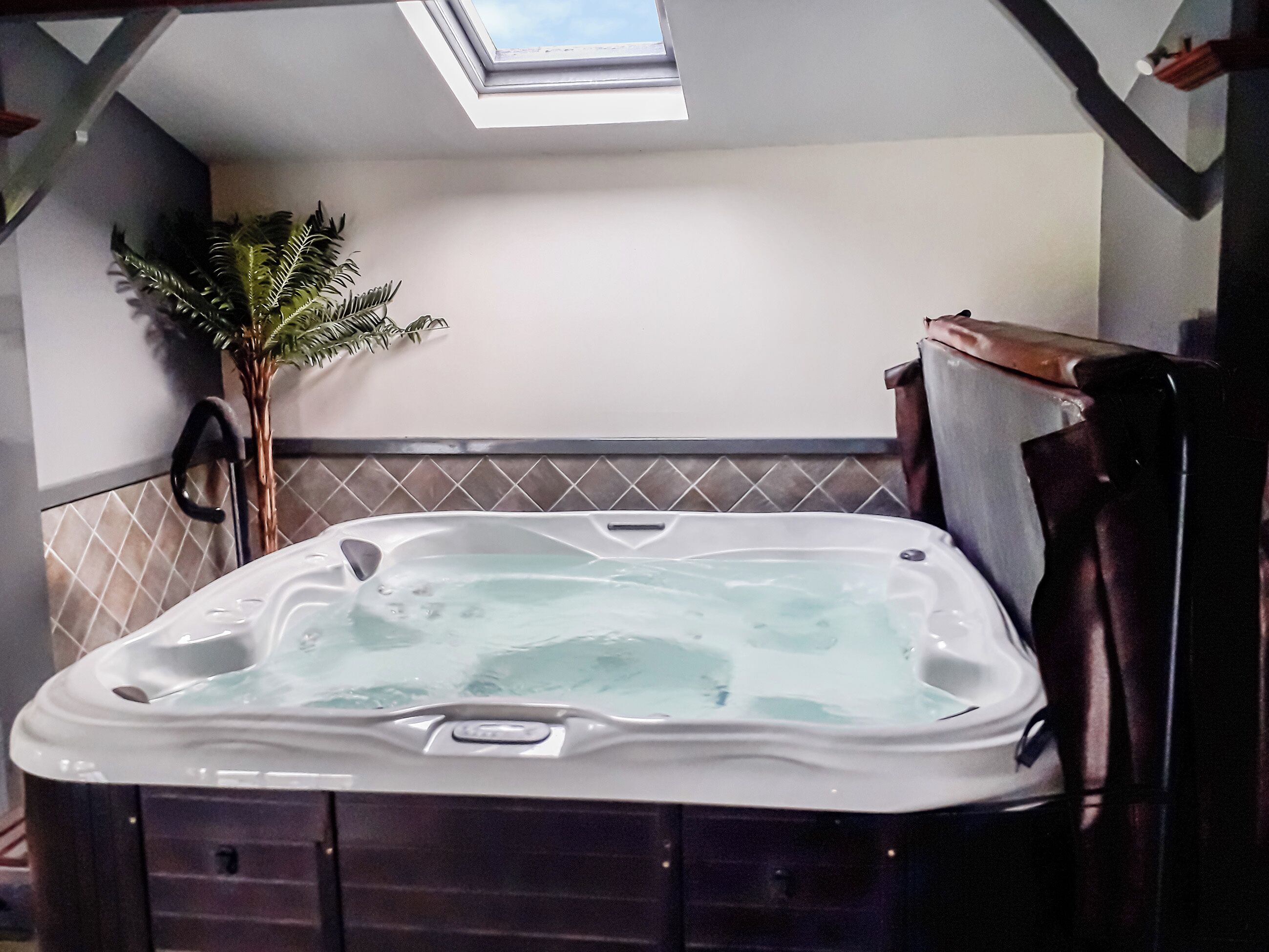 A hot tub in a room with a skylight, a potted plant, and a towel rack.