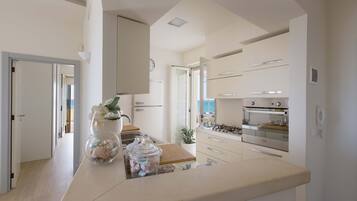 Kühlschrank, Mikrowelle, Herdplatte, Kochgeschirr/Geschirr/Besteck