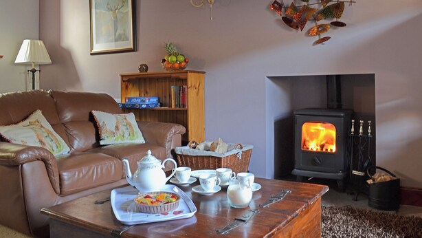 A cozy living room with a leather sofa, a wooden coffee table with a fruit tart, a jigsaw puzzle, and a fireplace with a burning log. - Craigdarroch Cottage (Strathyre near Callander)
