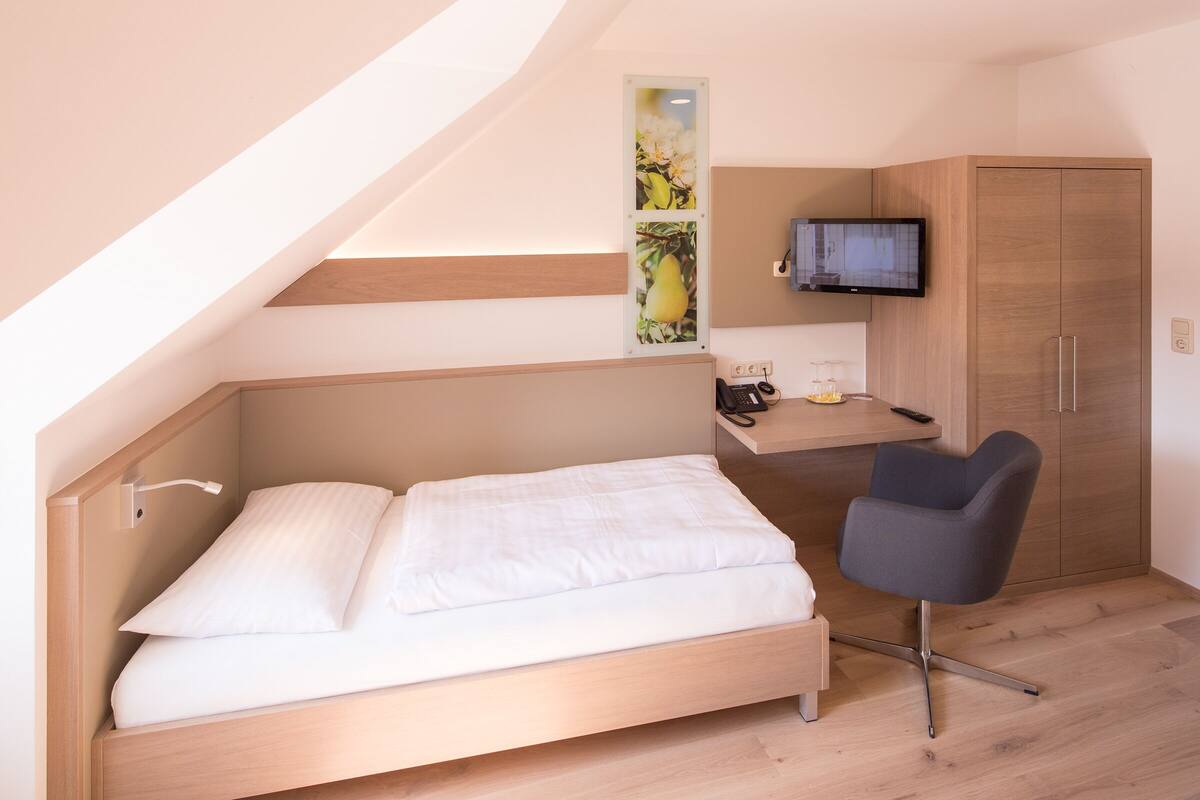 A compact bedroom with a bed, a desk, a chair, and a TV.