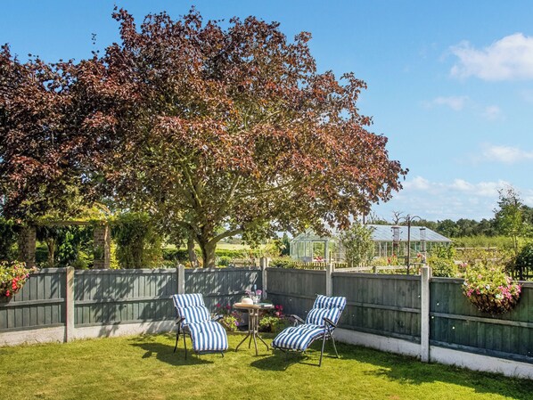 A backyard with two striped lounge chairs, a wooden fence, and a greenhouse in the background.