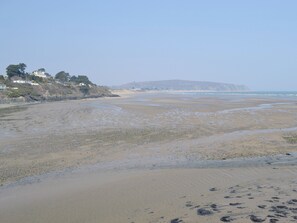 A wide sandy beach with gentle waves, a distant hill, and houses on a hillside.