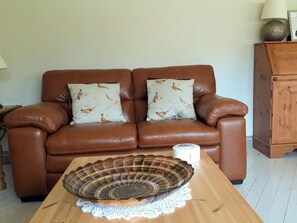 A brown leather sofa with two patterned pillows, a wooden coffee table with a decorative bowl, and a wooden cabinet in a living room.