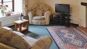 A living room with a patterned armchair, a television on a stand, a small wooden table, and a decorative rug.