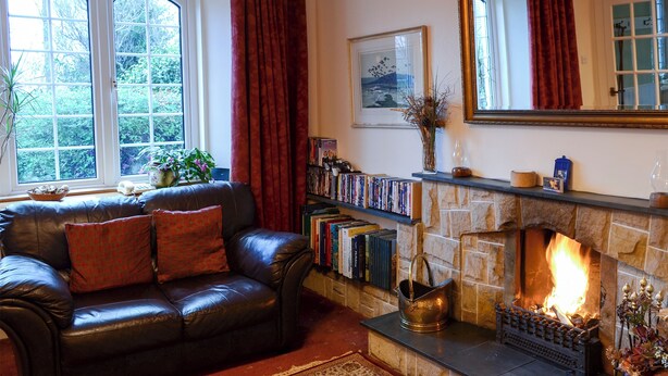 Ein gemütliches Wohnzimmer mit einer Ledersofa, einem Kamin, einem Bücherregal und einem großen Fenster mit Vorhängen.