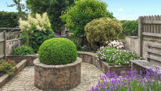 A garden with a central brick planter, surrounded by brick pathways, various plants, and a wooden fence.