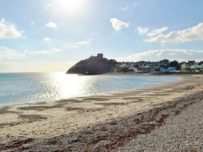 A beach with pebbles and seaweed, a castle on a hill, and houses in the background.
