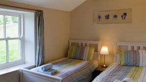 Een slaapkamer met twee bedden, een raam met gordijnen, een bedlampje en een aan de muur bevestigd schilderij.