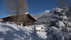 A wooden chalet with a sloped roof, surrounded by snow-covered trees and mountains. - Apartmenthaus Jagdhof (Reith bei Seefeld)