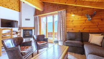 Televisión, chimenea y reproductor de DVD