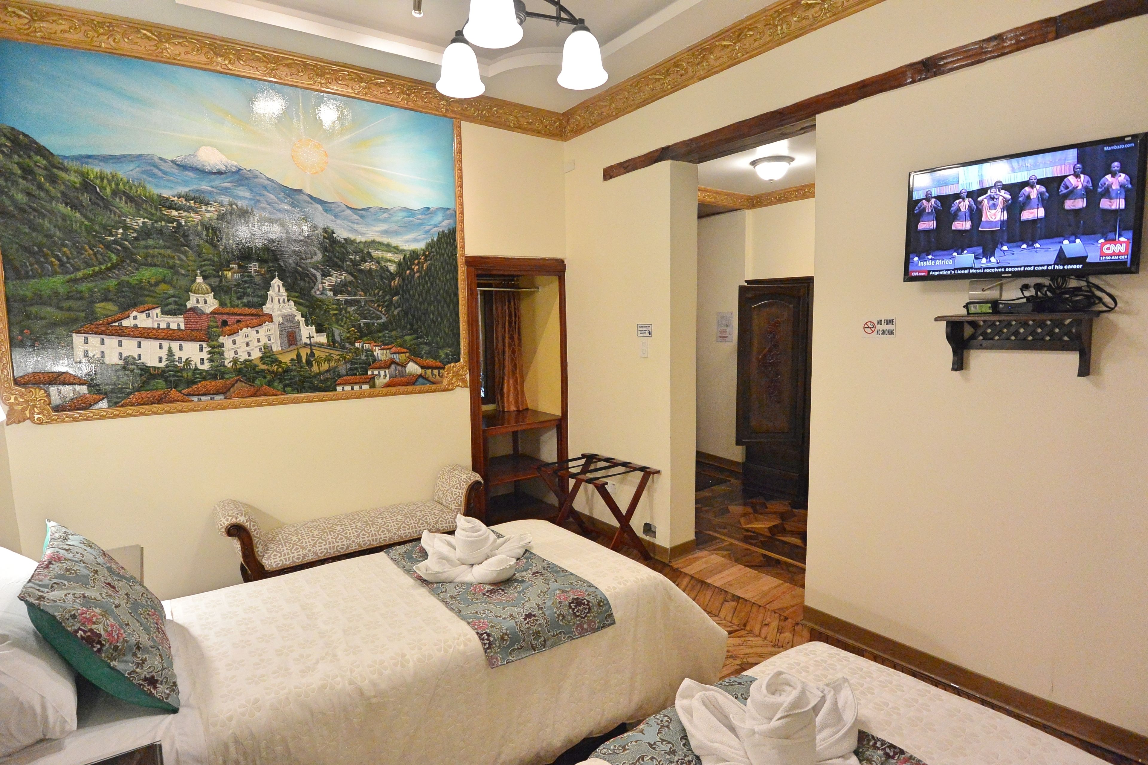Quarto de hotel com um mural de paisagem montanhosa, uma televisão e uma cama com toalhas.