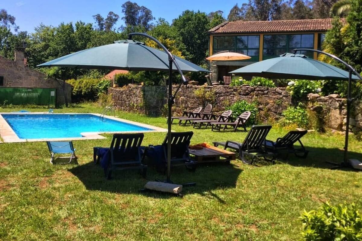A backyard with a swimming pool, lounge chairs, and umbrellas.