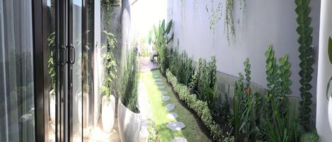 Um caminho estreito e bem cuidado, com pedras para pisar, leva a um jardim exuberante, ladeado por diversas plantas e uma parede com folhagem pendente.