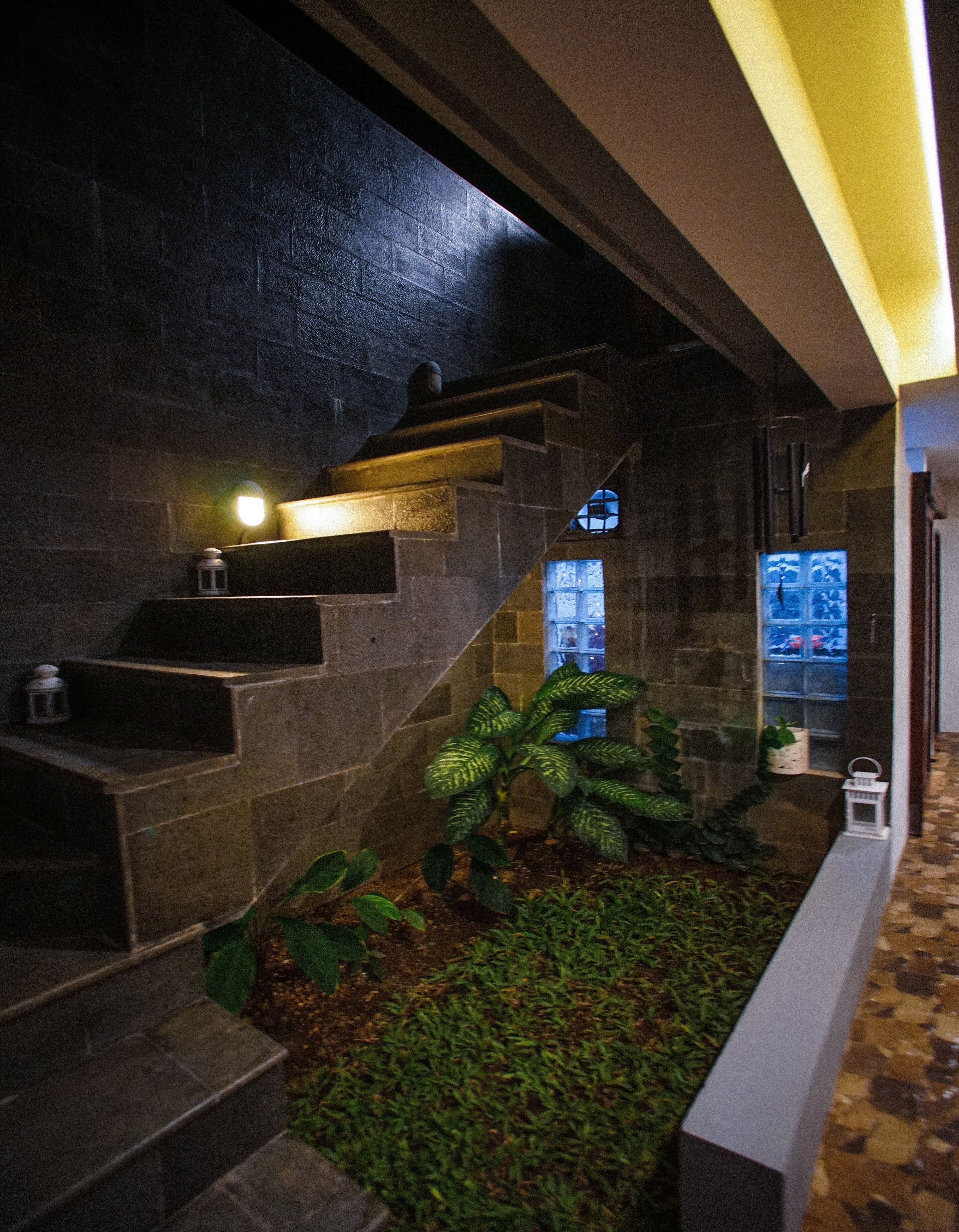 Un escalier en pierre avec un petit espace jardin en bas.