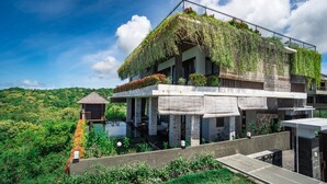 Une maison moderne dotée d’un toit végétalisé original, d’une piscine et d’une végétation luxuriante qui l’entoure.