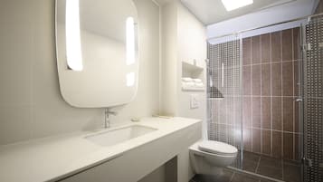 Shower, hair dryer, soap, shampoo