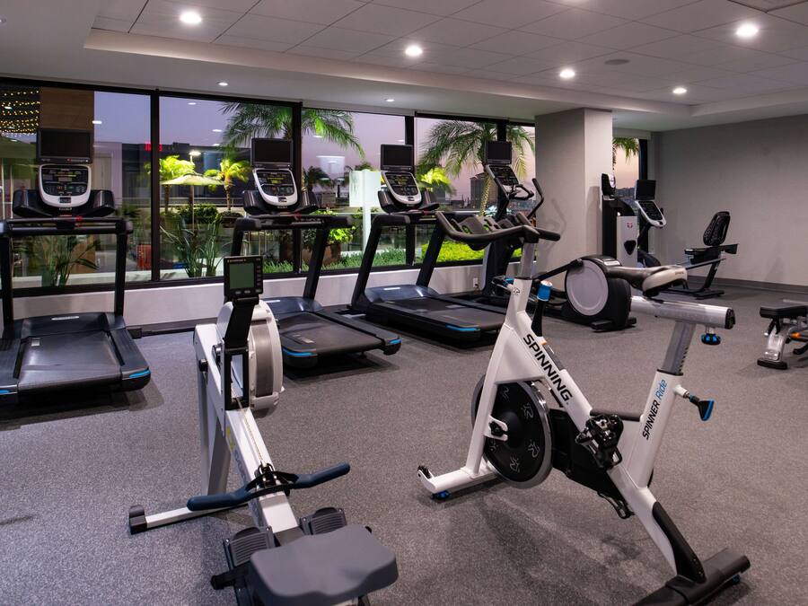 A gym with treadmills, stationary bikes, and weight machines.