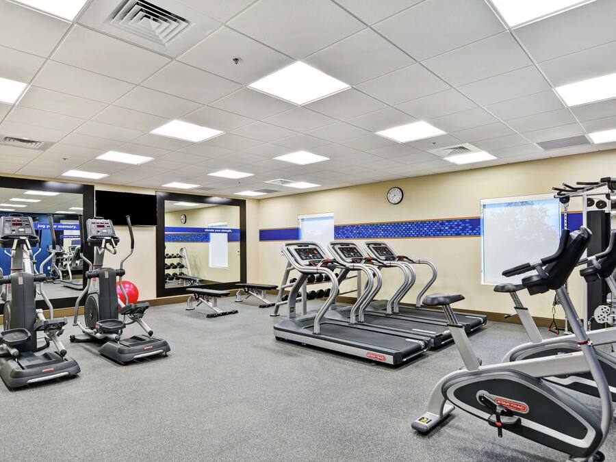 A gym with treadmills, ellipticals, and weight machines.