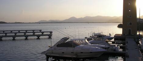 Un puerto deportivo con barcos amarrados, un muelle y una torre al fondo.