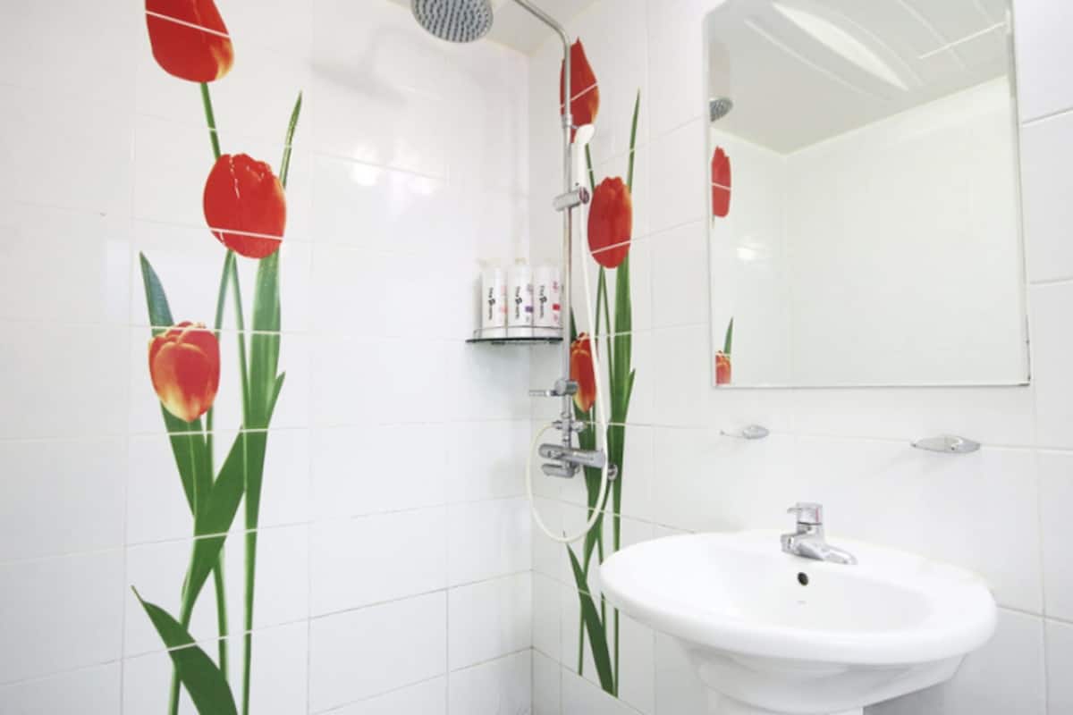 standard double room | bathroom | shower, free toiletries, hair dryer, towels