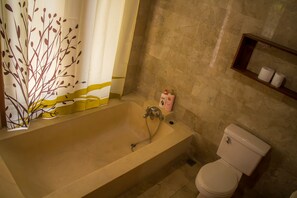 Deep-soaking bathtub, free toiletries, hair dryer, towels