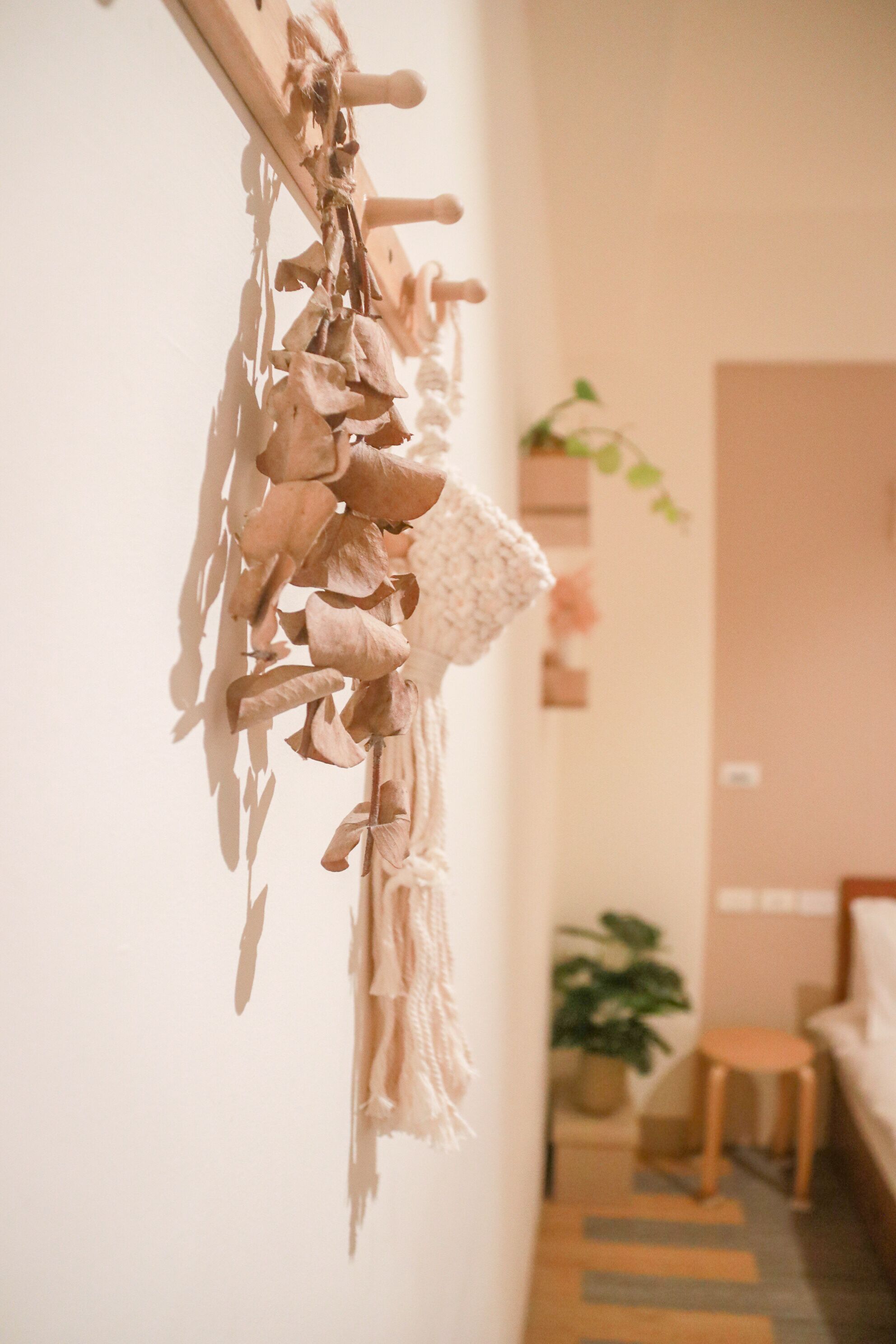 A hallway with a wall-mounted drying rack holding various items. A small wooden stool and a potted plant are visible in the background.