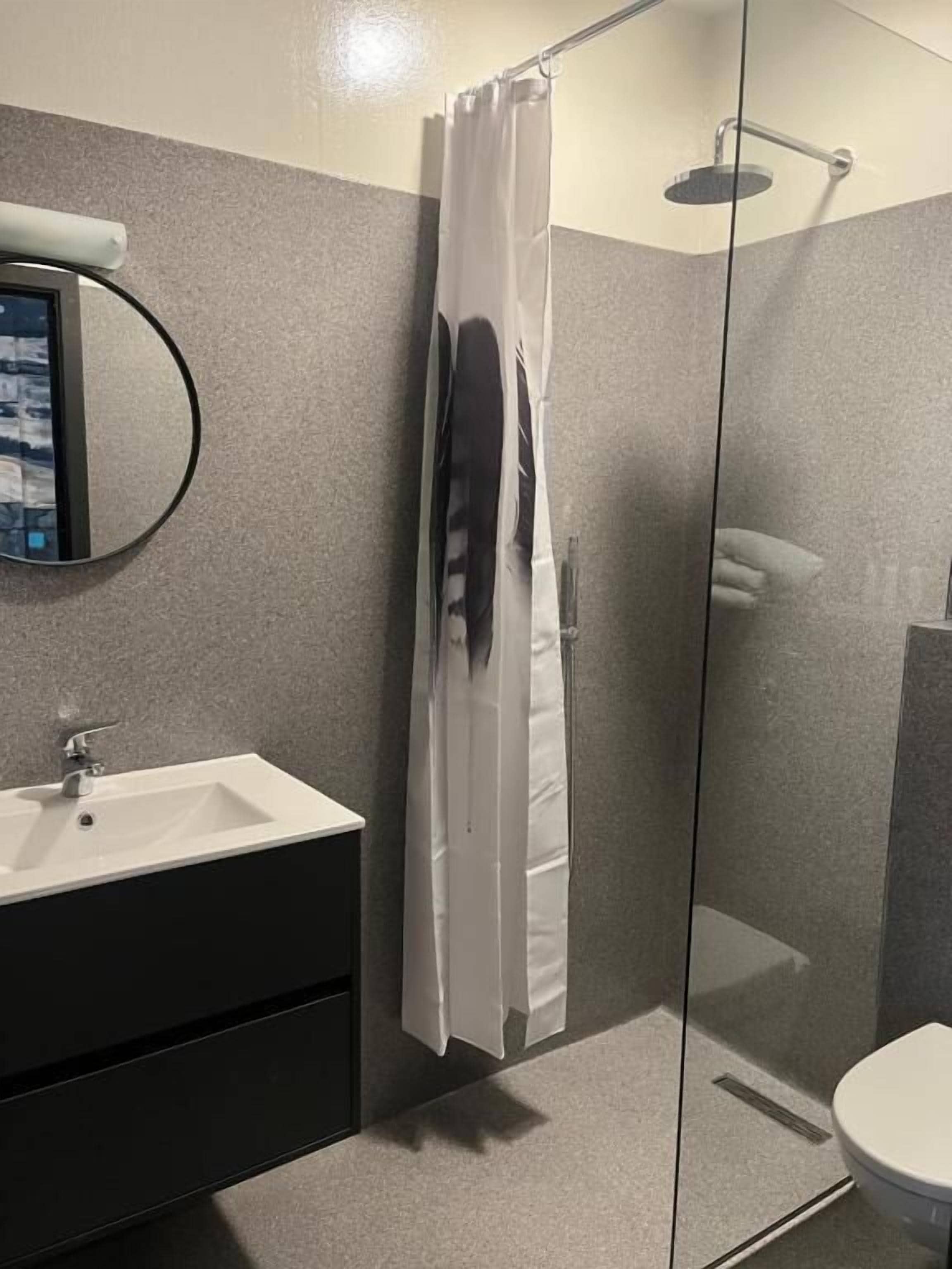 A modern bathroom with a glass shower enclosure, a white sink, and a toilet.