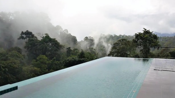 Vista despejada de una piscina con borde de azulejos, rodeada de exuberante vegetación y montañas brumosas al fondo.