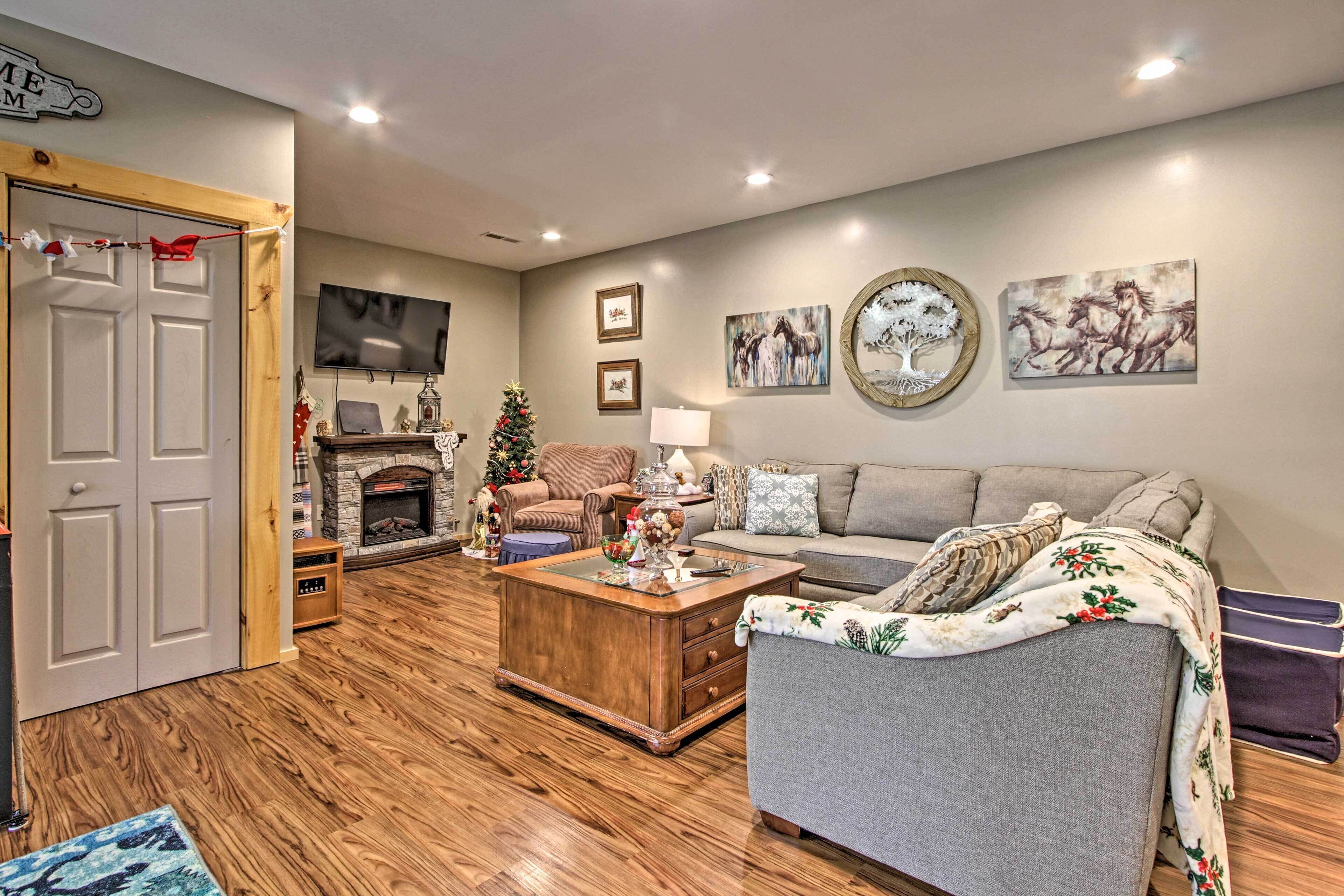 TV, fireplace, DVD player, foosball