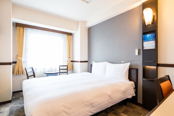 Desk, laptop workspace, blackout drapes, iron/ironing board