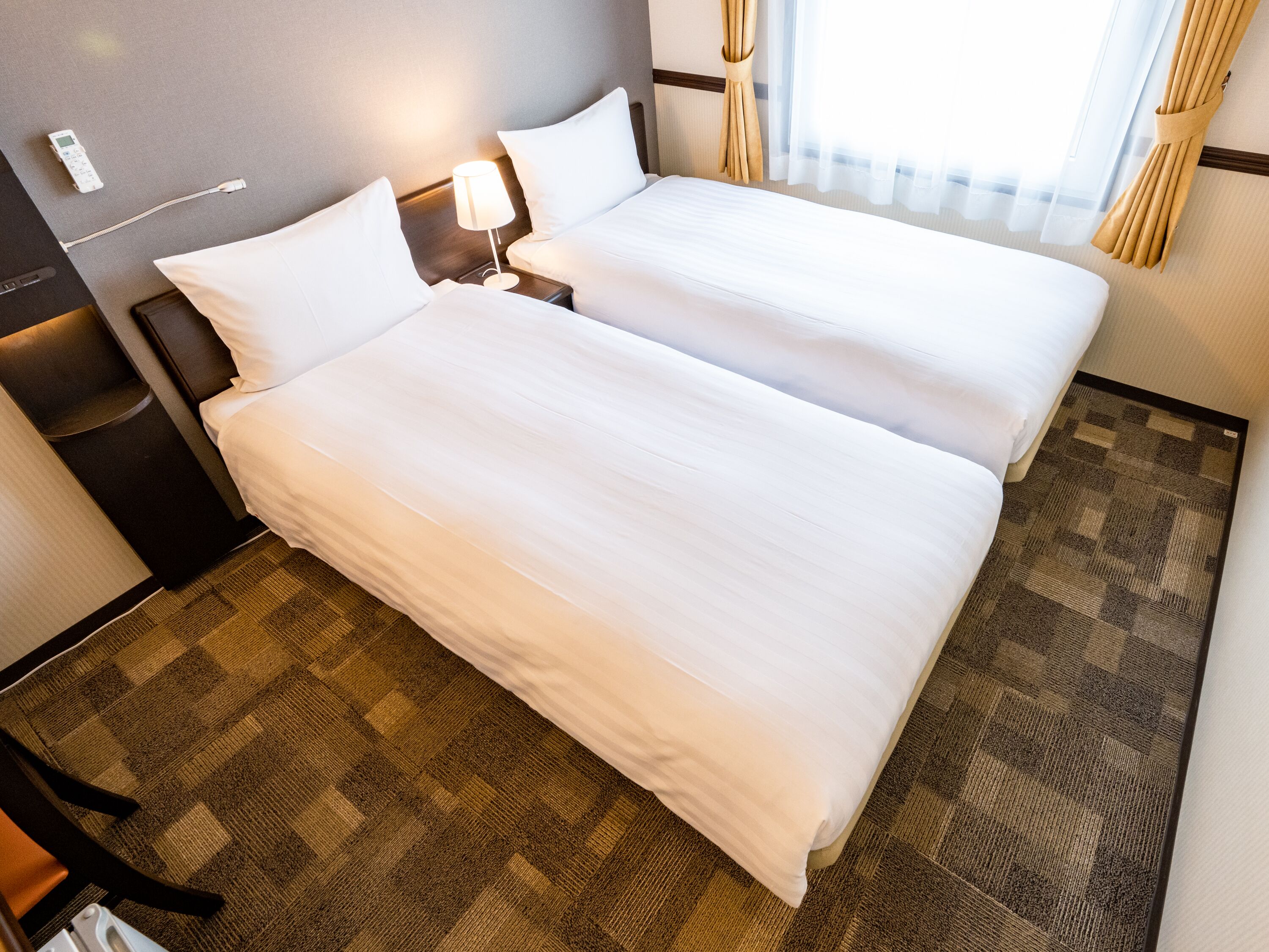 desk, laptop workspace, blackout curtains, iron/ironing board