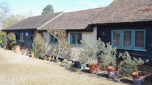 A traditional cottage with a tiled roof, multiple windows with shutters, and potted plants in the garden area.
