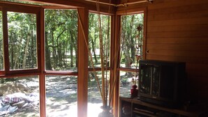Una stanza con ampie finestre, soffitto in legno, televisore e divano.