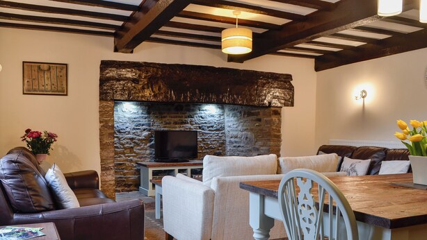 Una sala de estar acogedora con chimenea de piedra, televisor y asientos cómodos.