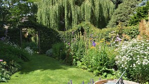 Ein Garten mit verschiedenen Pflanzen und Blumen, einem gewundenen Pfad und einer Sonnenuhr.