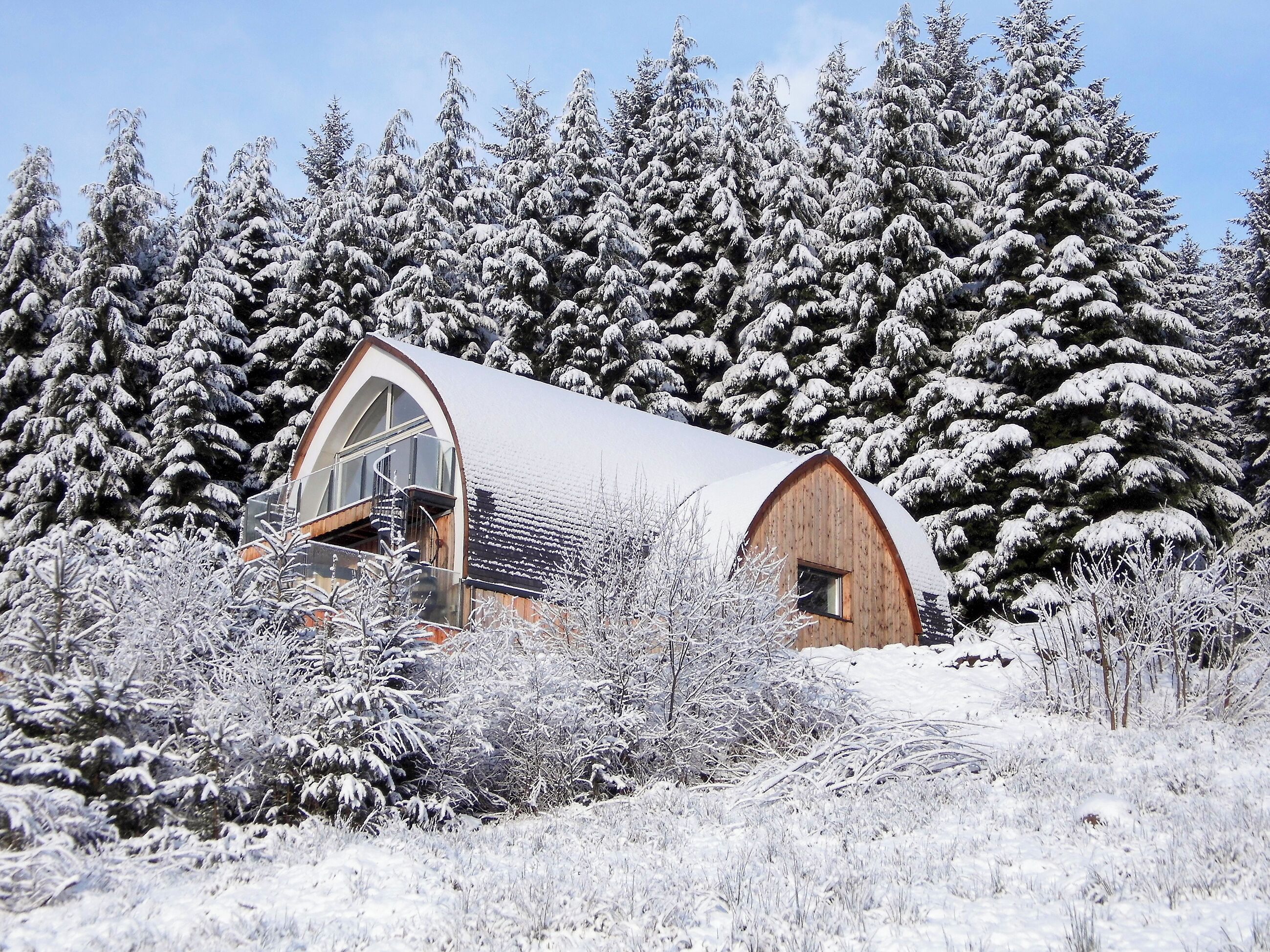 Una cabaña de madera con un amplio ventanal arqueado y una puerta más pequeña, rodeada de árboles cubiertos de nieve.