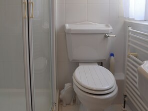 A bathroom with a toilet, a glass shower enclosure, and a radiator. - The Old Rectory Lodge (Yaxham, near Dereham)