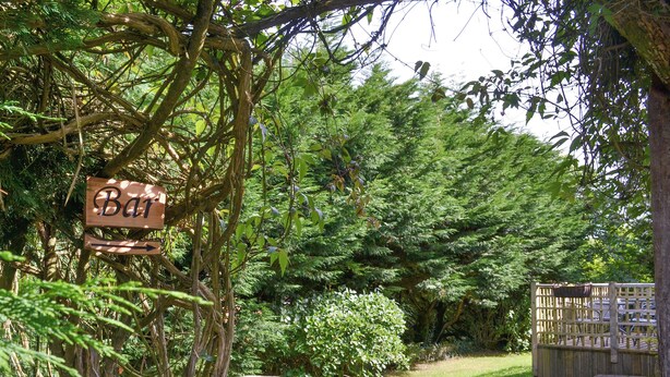 Une enseigne en bois indiquant « Bar », placée dans un jardin luxuriant, avec une table de pique-nique et une clôture en bois.