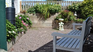A garden with a wooden bench, a birdbath, and various plants. - 1 bedroom accommodation in Betley, near Nantwich (Betley, near Nantwich)