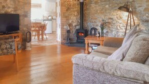 A cozy living room with a stone wall, a fireplace, a television, and a dining area visible through an open doorway. - 1 bedroom accommodation in Mount Hawke (Mount Hawke)