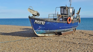 Ein blaues Fischerboot mit dem Kennzeichen PH5590 liegt auf einem Kiesstrand.