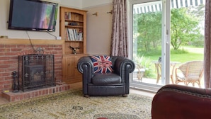 A living room with a fireplace, a television mounted on the wall, a bookshelf, and a view of the garden through a sliding glass door.