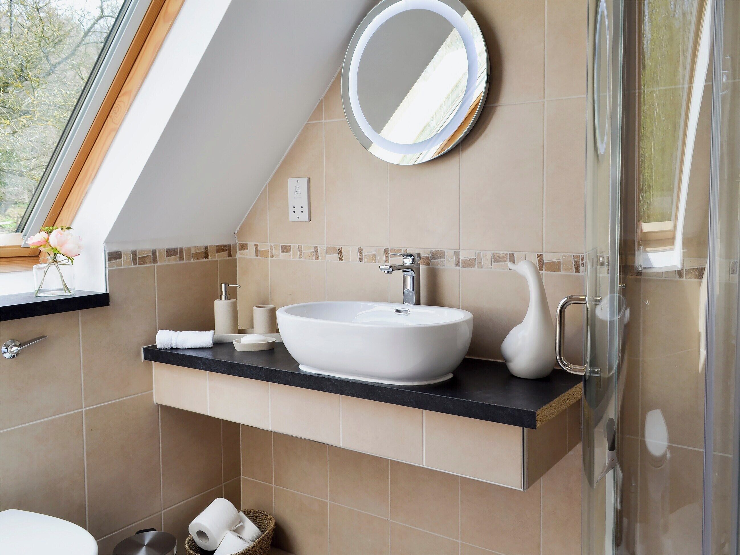 A modern bathroom with a large oval sink, a round mirror, and a shower enclosure.
