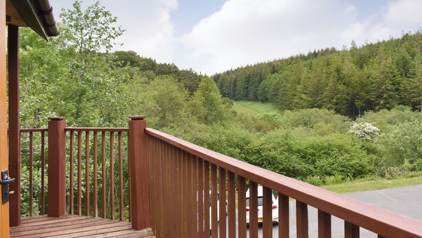 A wooden deck with a railing overlooking a forested valley. - 3 bedroom accommodation in St Mellion, near Saltash (St Mellion, near Saltash)