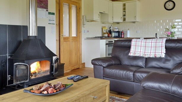 A living room with a fireplace, a sofa, a coffee table with food, and a kitchen in the background. - 2 bedroom accommodation in Acharacle (Acharacle)